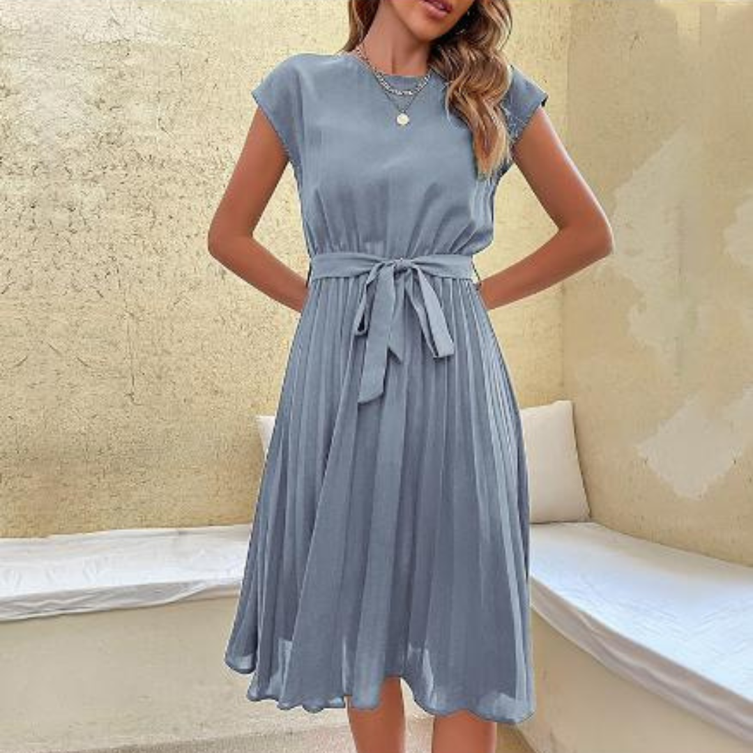 Marley | Women's Belted Short Sleeve Midi Dress with Pleated Skirt