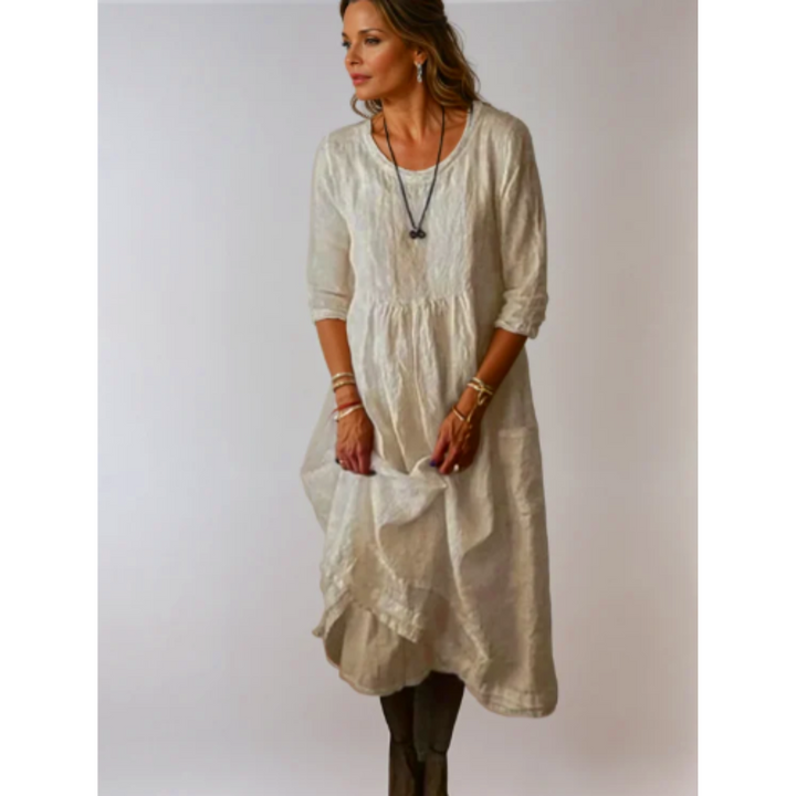 Noelle | Women's Linen 3/4 Sleeve Midi Dress with Round Neck