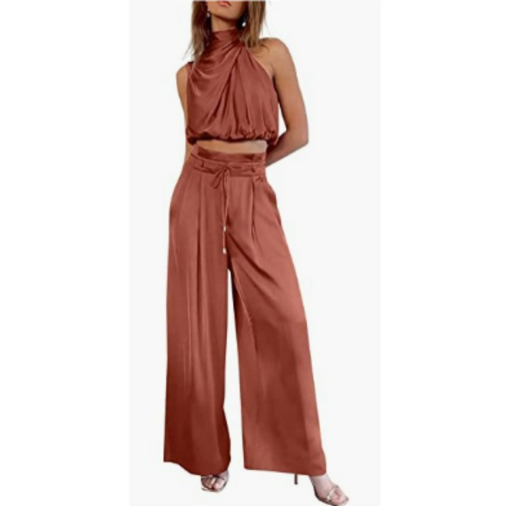 Ophelia | Women's Elegant Satin Crop Top and Wide Leg Pants Set