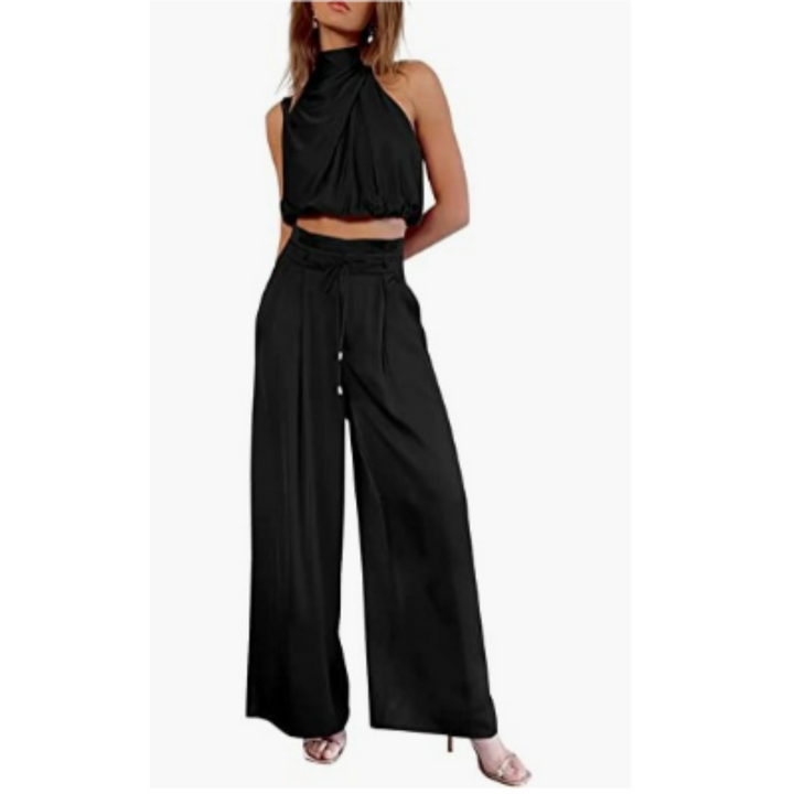 Ophelia | Women's Elegant Satin Crop Top and Wide Leg Pants Set