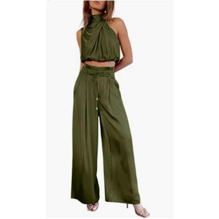 Ophelia | Women's Elegant Satin Crop Top and Wide Leg Pants Set