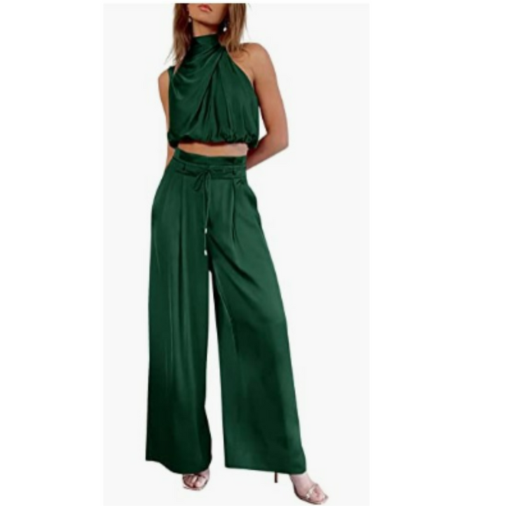 Ophelia | Women's Elegant Satin Crop Top and Wide Leg Pants Set