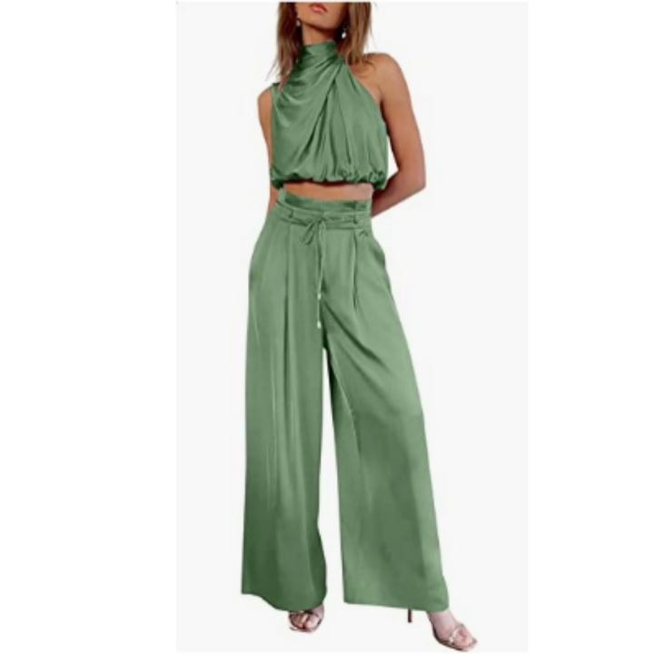 Ophelia | Women's Elegant Satin Crop Top and Wide Leg Pants Set