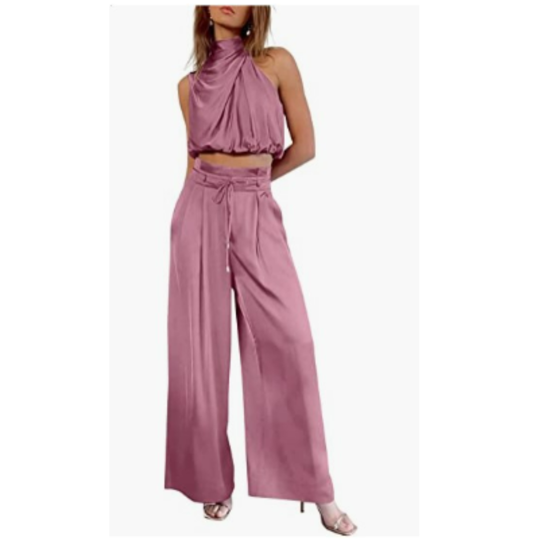 Ophelia | Women's Elegant Satin Crop Top and Wide Leg Pants Set