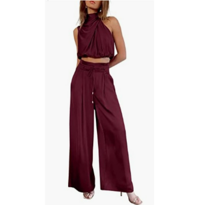 Ophelia | Women's Elegant Satin Crop Top and Wide Leg Pants Set