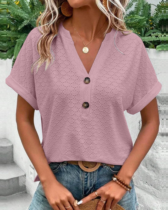 Lexi | Women's Textured Short Sleeve Top with V Neck and Half Buttons