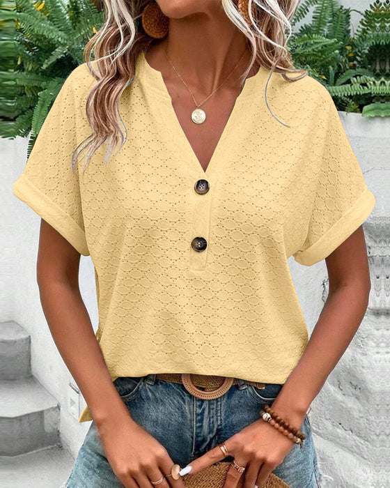 Lexi | Women's Textured Short Sleeve Top with V Neck and Half Buttons