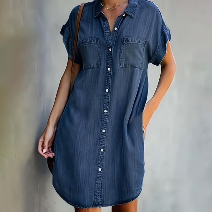 Presley | Women's Denim Style Mini Shirt Dress with Buttons