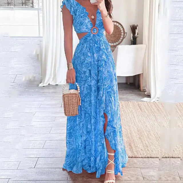 Rosalie | Women’s Cut-Out Floral Maxi Dress with Ruffle Sleeves