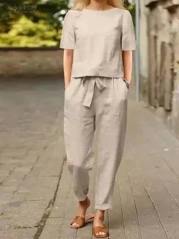 Helena | Women's Linen Short Sleeve Blouse and Trousers Set