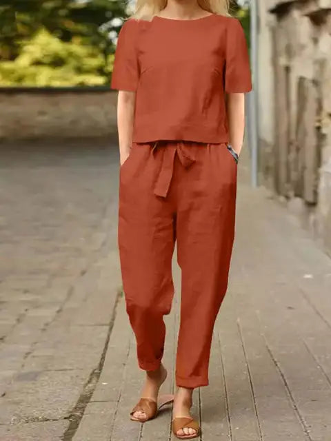 Helena | Women's Linen Short Sleeve Blouse and Trousers Set