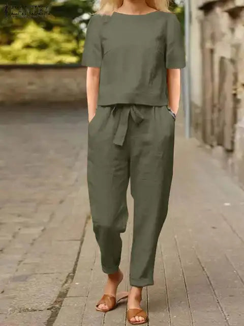 Helena | Women's Linen Short Sleeve Blouse and Trousers Set
