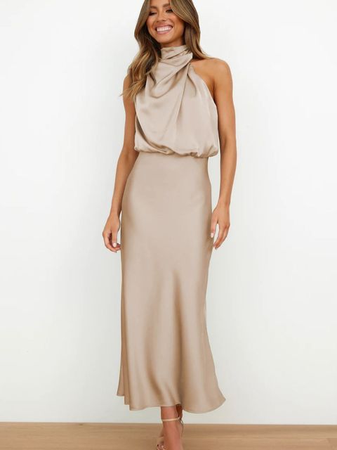 Solenne | Women's Elegant Satin Formal Dress with Halter