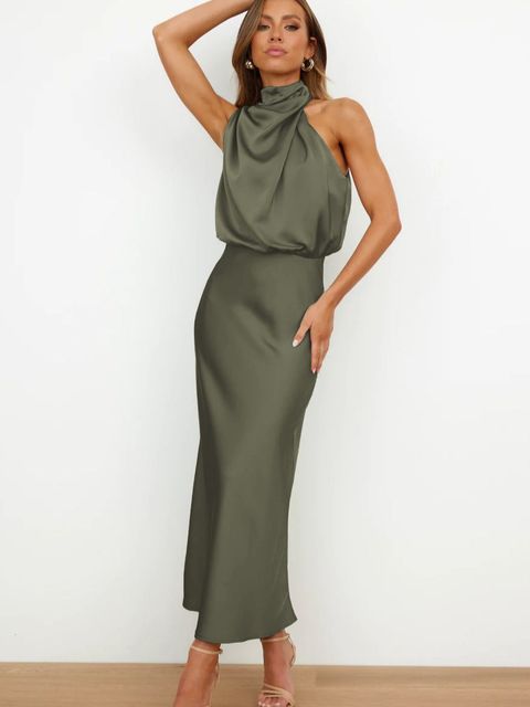Solenne | Women's Elegant Satin Formal Dress with Halter
