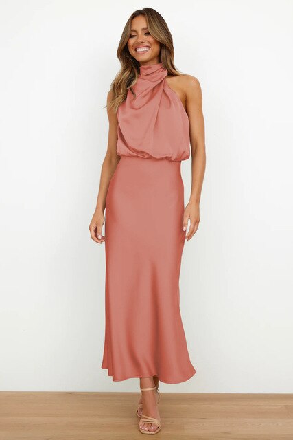 Solenne | Women's Elegant Satin Formal Dress with Halter