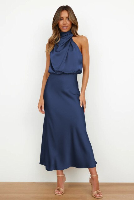 Solenne | Women's Elegant Satin Formal Dress with Halter