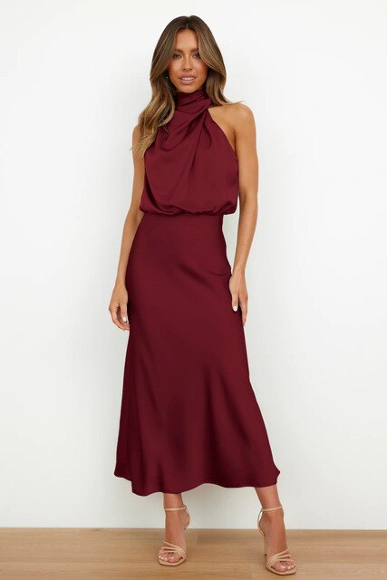 Solenne | Women's Elegant Satin Formal Dress with Halter