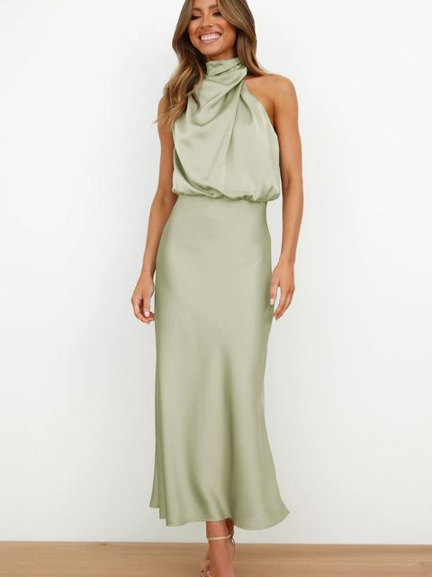 Solenne | Women's Elegant Satin Formal Dress with Halter