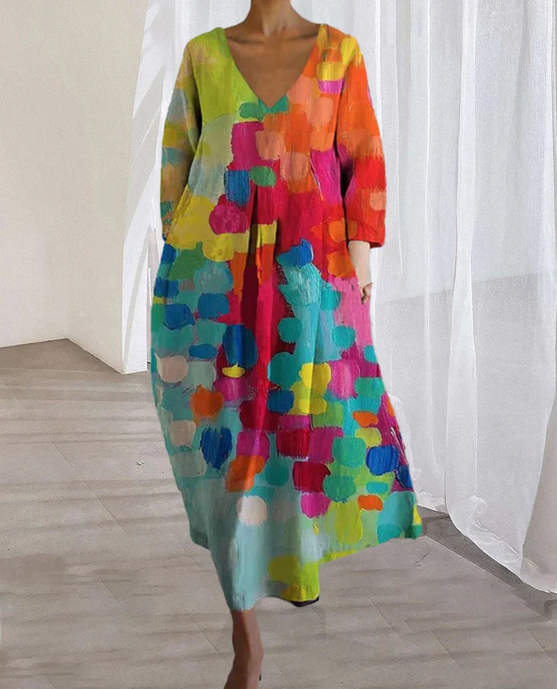 Maribel | Women's Multicolor and Printed Midi Dress with V Neck