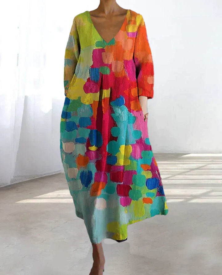 Maribel | Women's Multicolor and Printed Midi Dress with V Neck