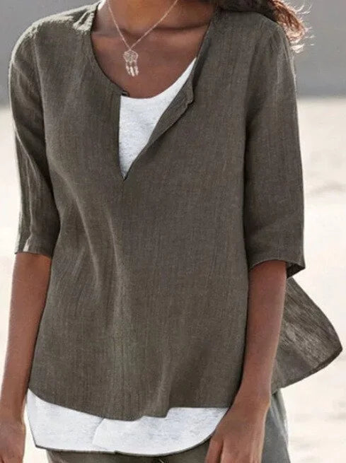 Amalia | Women's Layered Linen Top with Half Sleeves and Split Neck