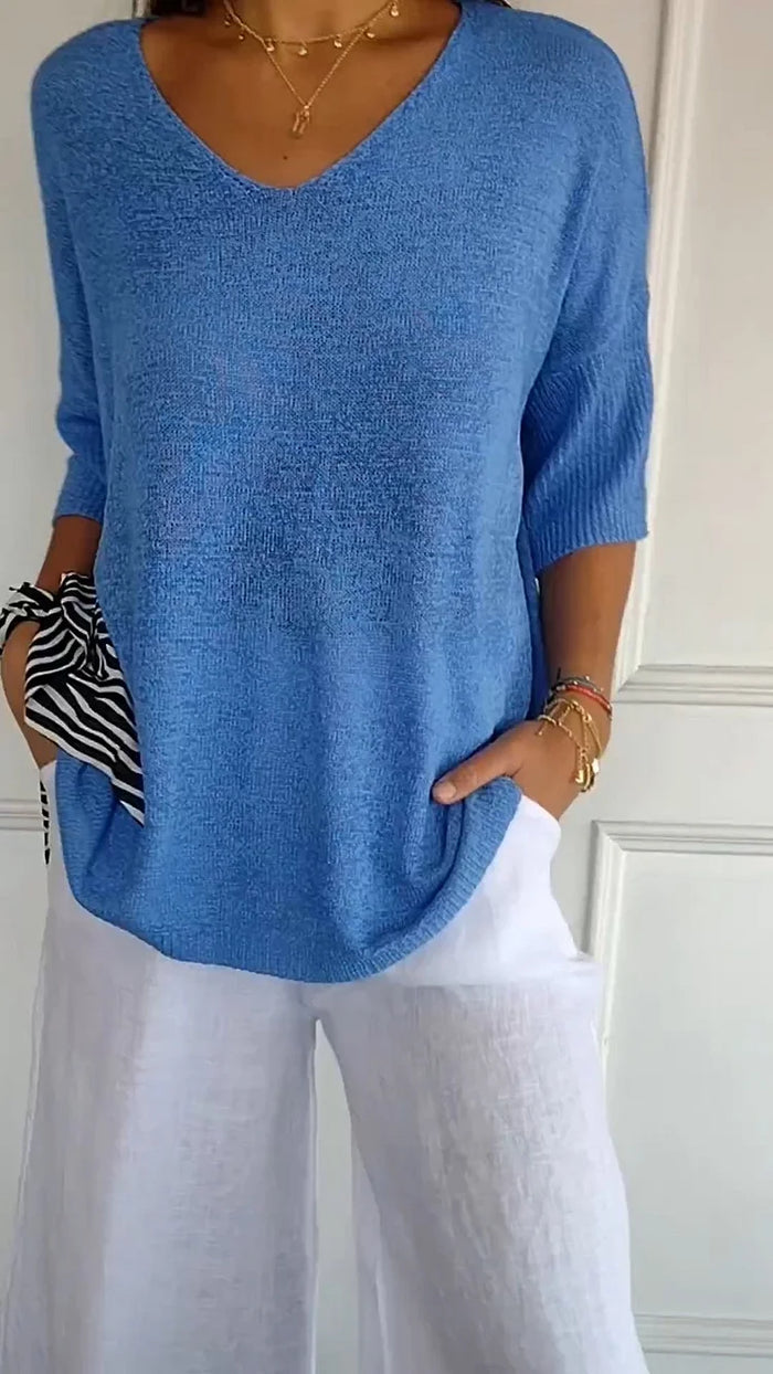 Kimberly | Women's Loose Fit 3/4 Sleeves V Neck Knit Top