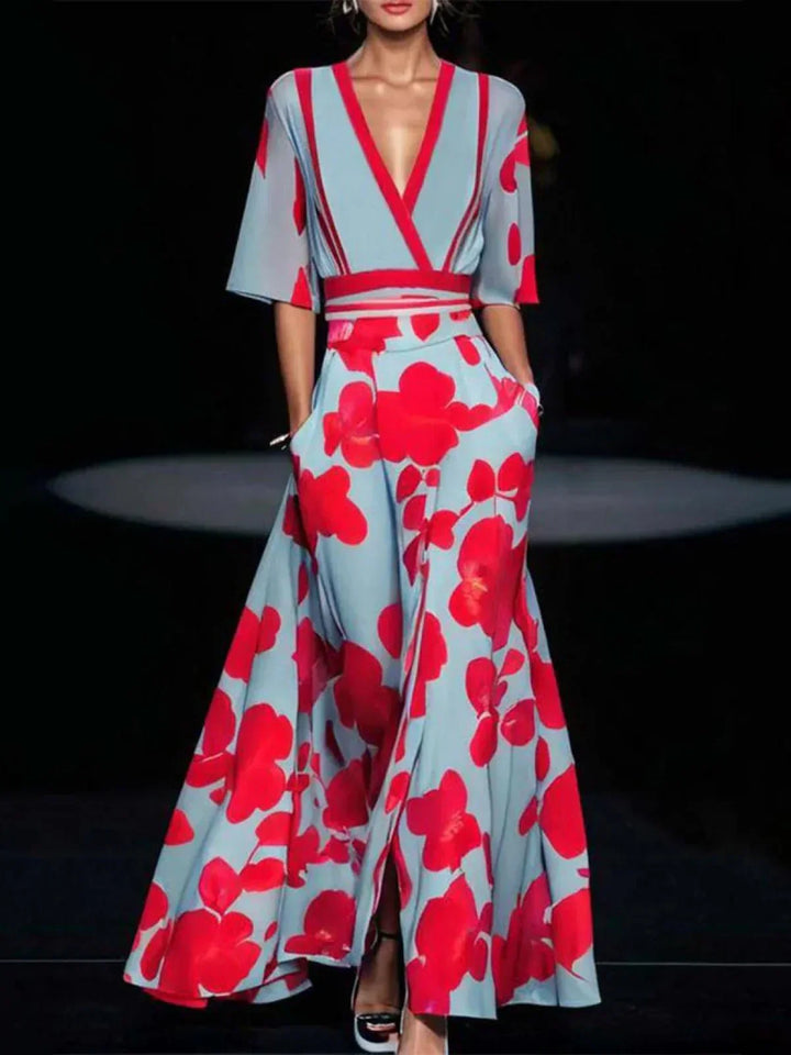 Raina | Women's Elegant Floral V Neck Wrap Style Dress