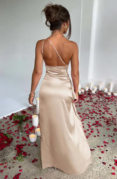 Kendra | Women's Asymmetrical Satin Flowing Dress with Side Slit