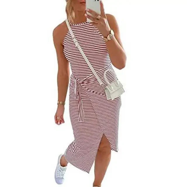 Sidney | Women's Striped Racerback Bodycon Dress with Tie Waist