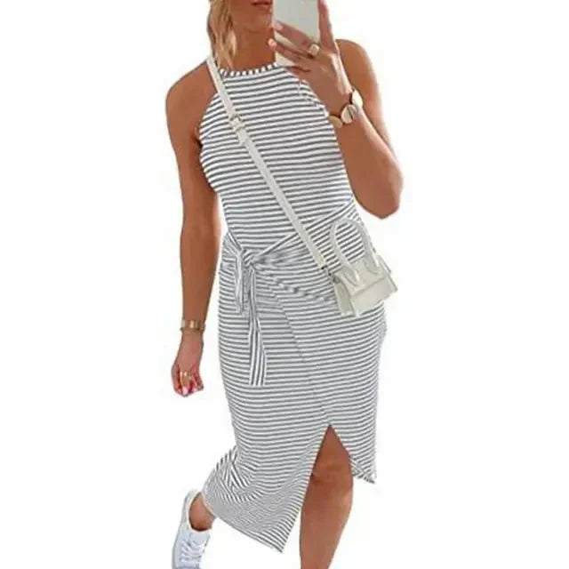 Sidney | Women's Striped Racerback Bodycon Dress with Tie Waist