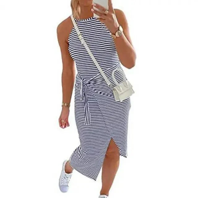 Sidney | Women's Striped Racerback Bodycon Dress with Tie Waist
