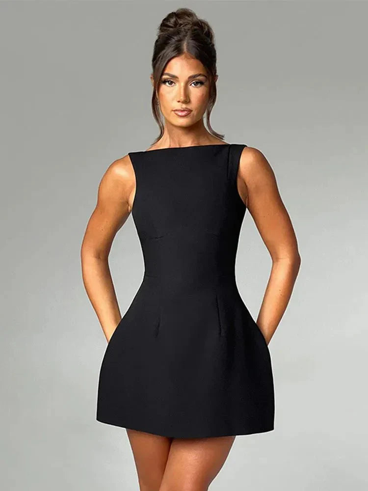 Rosie | Women's Boat Neck Sleeveless Mini Dress with Low Back