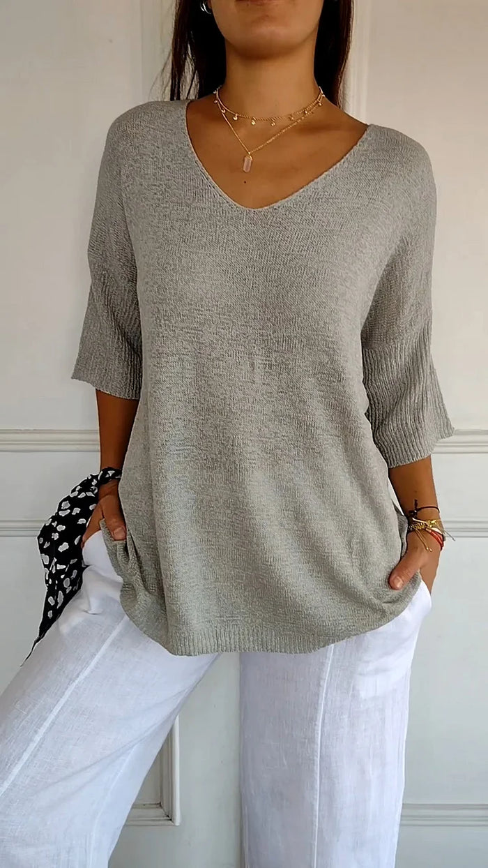 Kimberly | Women's Loose Fit 3/4 Sleeves V Neck Knit Top
