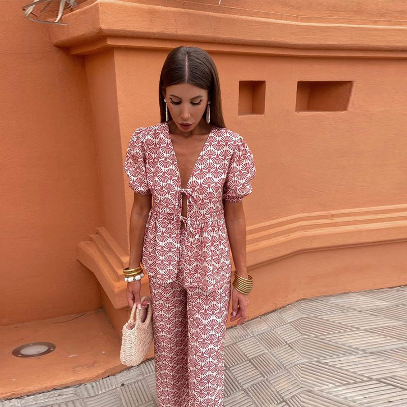 Nicole | Women's Printed Two Piece Casual Set with Pants and Puff Sleeve