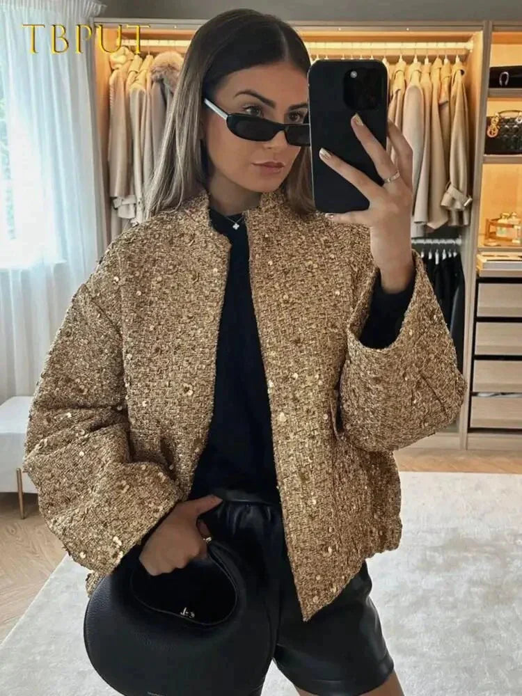 Queenie | Women's Gold Sequin Bomber Jacket with Snap Buttons