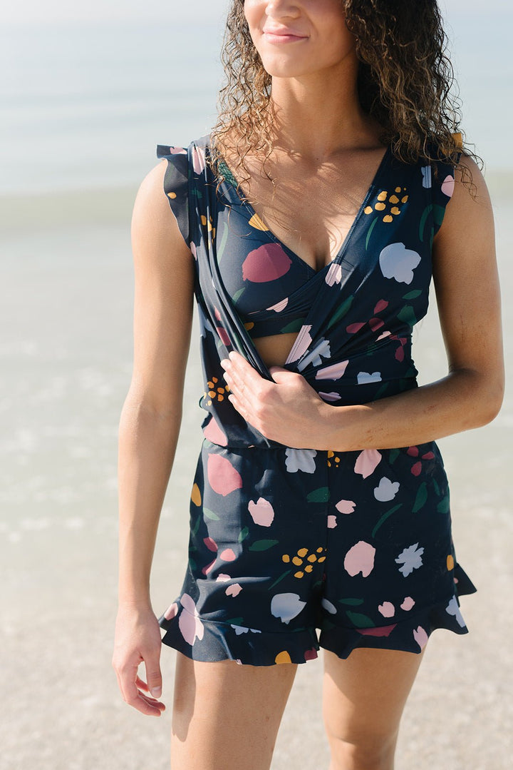 Coral | Women's V Neck Ruffle Swim Romper with Built-In Bra