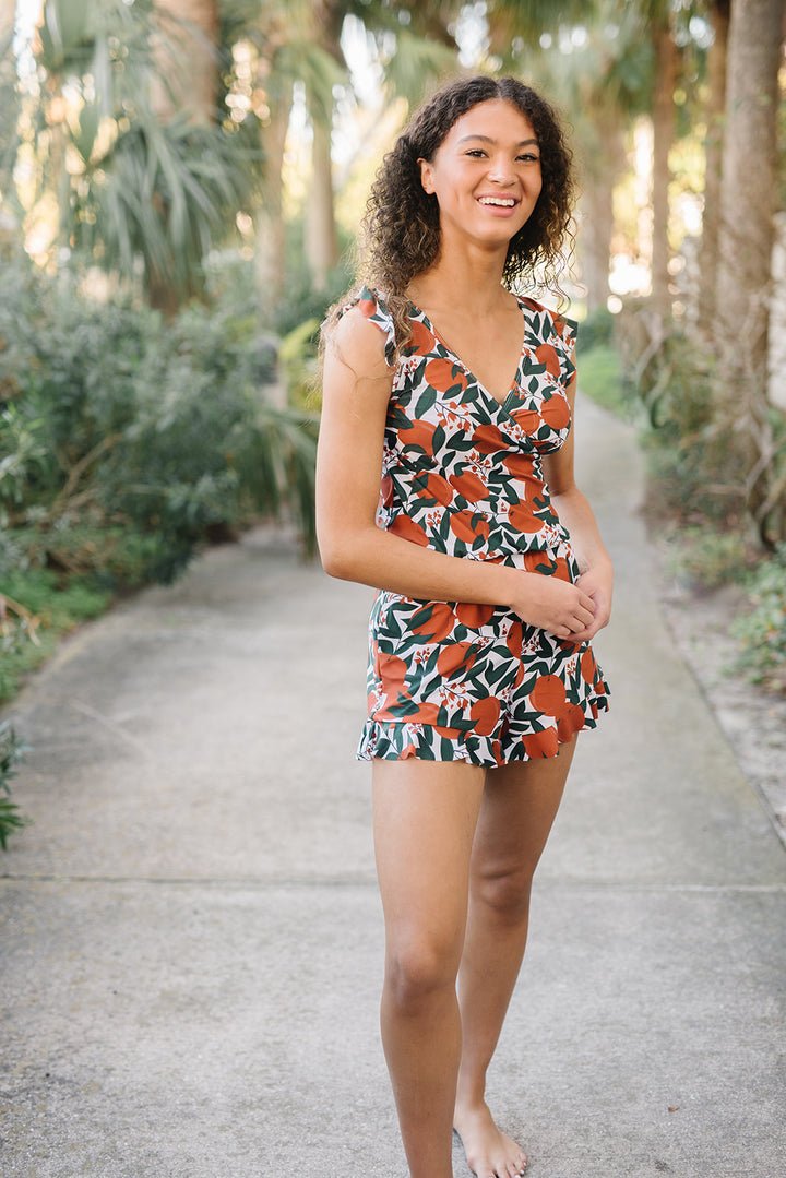 Coral | Women's V Neck Ruffle Swim Romper with Built-In Bra