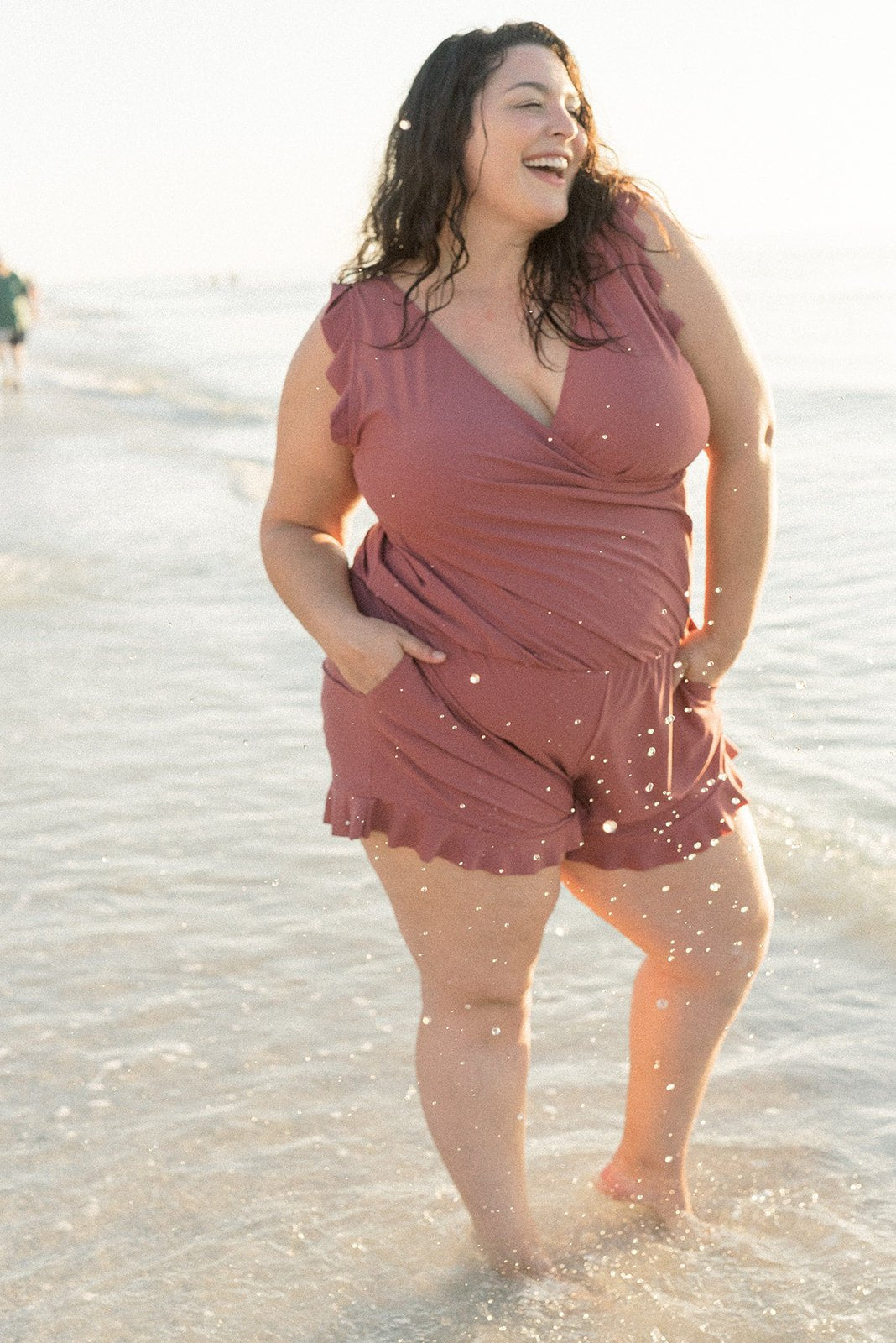 Coral | Women's V Neck Ruffle Swim Romper with Built-In Bra