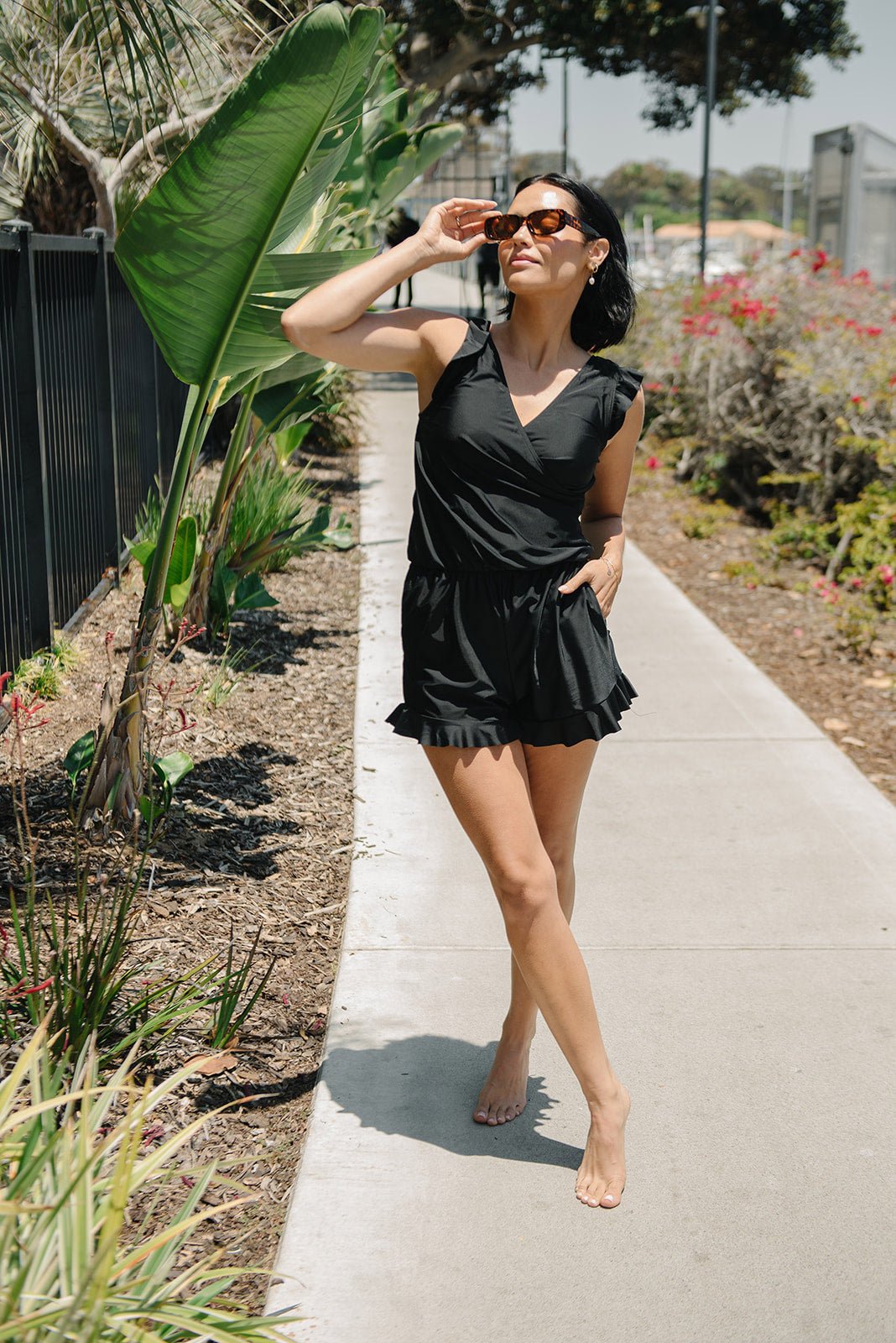 Coral | Women's V Neck Ruffle Swim Romper with Built-In Bra