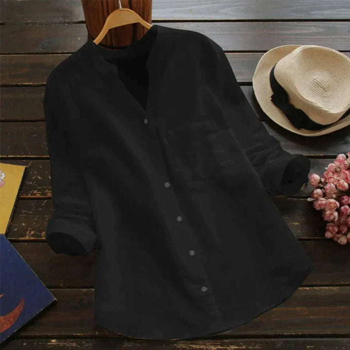 Flynn | Women's Long Sleeve Linen Shirt with V-neck and Buttons