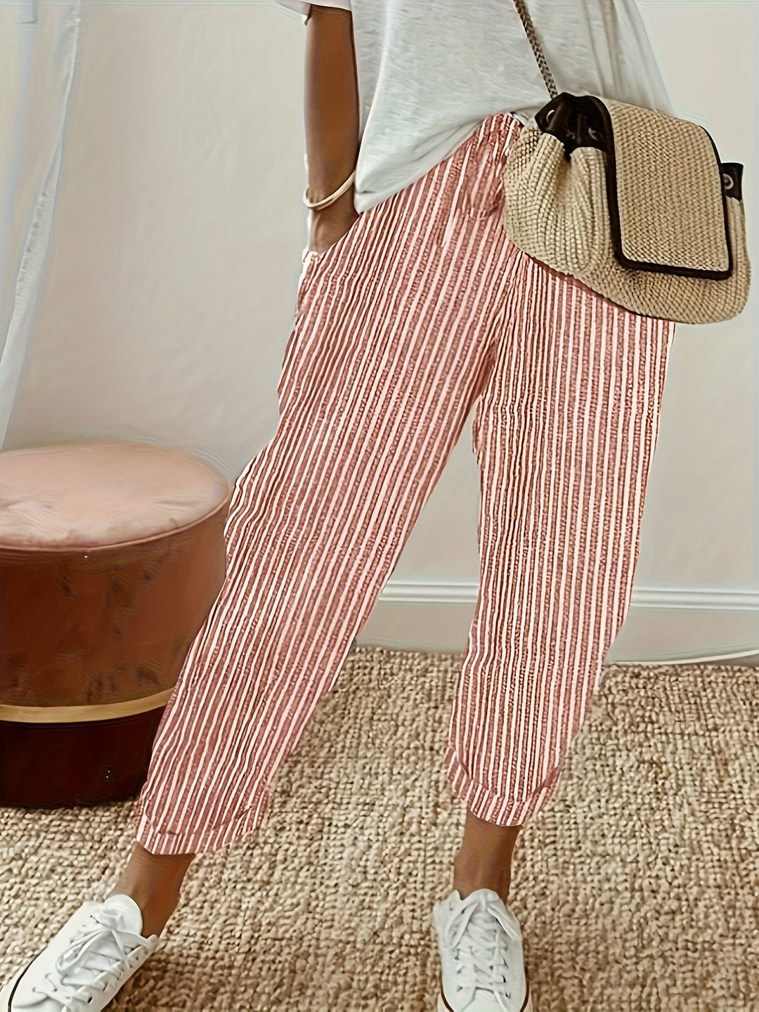 Jordana | Women's Striped Loose Fit Pants with Folded Hem