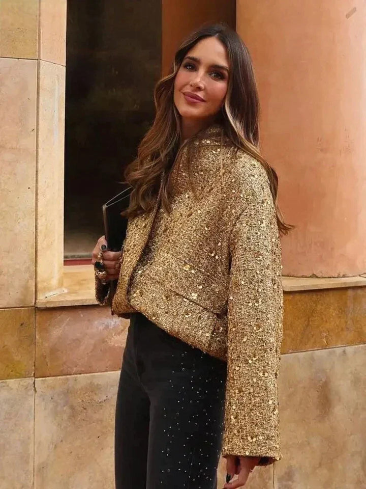 Queenie | Women's Gold Sequin Bomber Jacket with Snap Buttons
