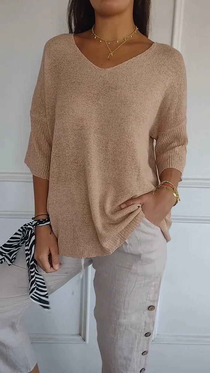 Kimberly | Women's Loose Fit 3/4 Sleeves V Neck Knit Top