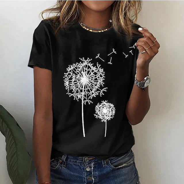 Maya | Women's Crew Neck Short Sleeve T-Shirt with Dandelion Print
