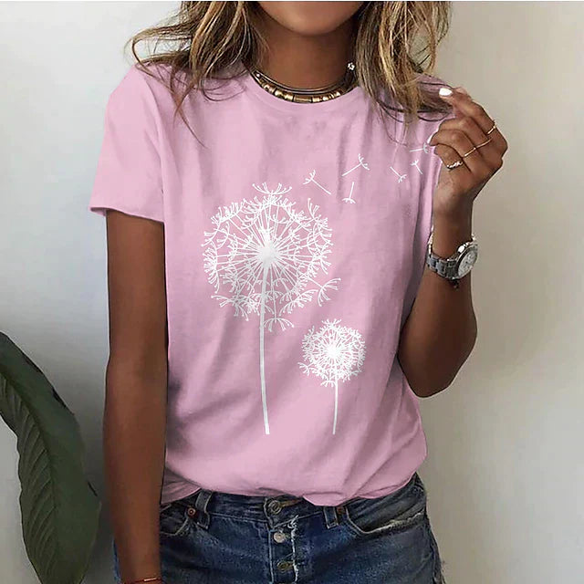 Maya | Women's Crew Neck Short Sleeve T-Shirt with Dandelion Print