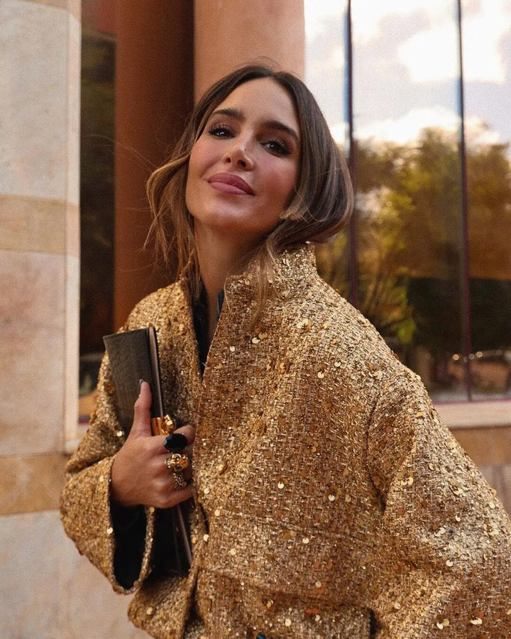 Queenie | Women's Gold Sequin Bomber Jacket with Snap Buttons
