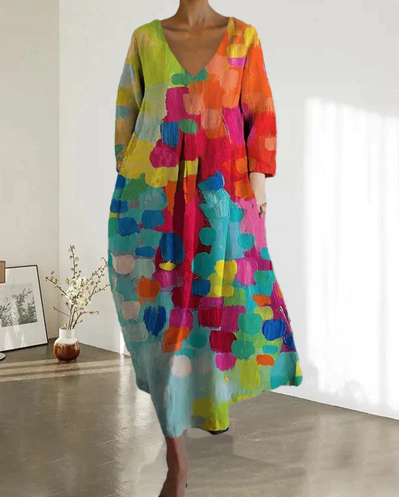 Maribel | Women's Multicolor and Printed Midi Dress with V Neck