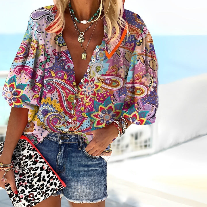 Tara | Women's Paisley Print Button Blouse with Puff Sleeve