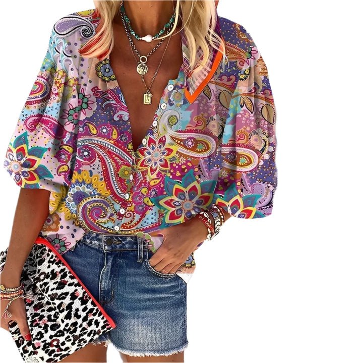 Tara | Women's Paisley Print Button Blouse with Puff Sleeve