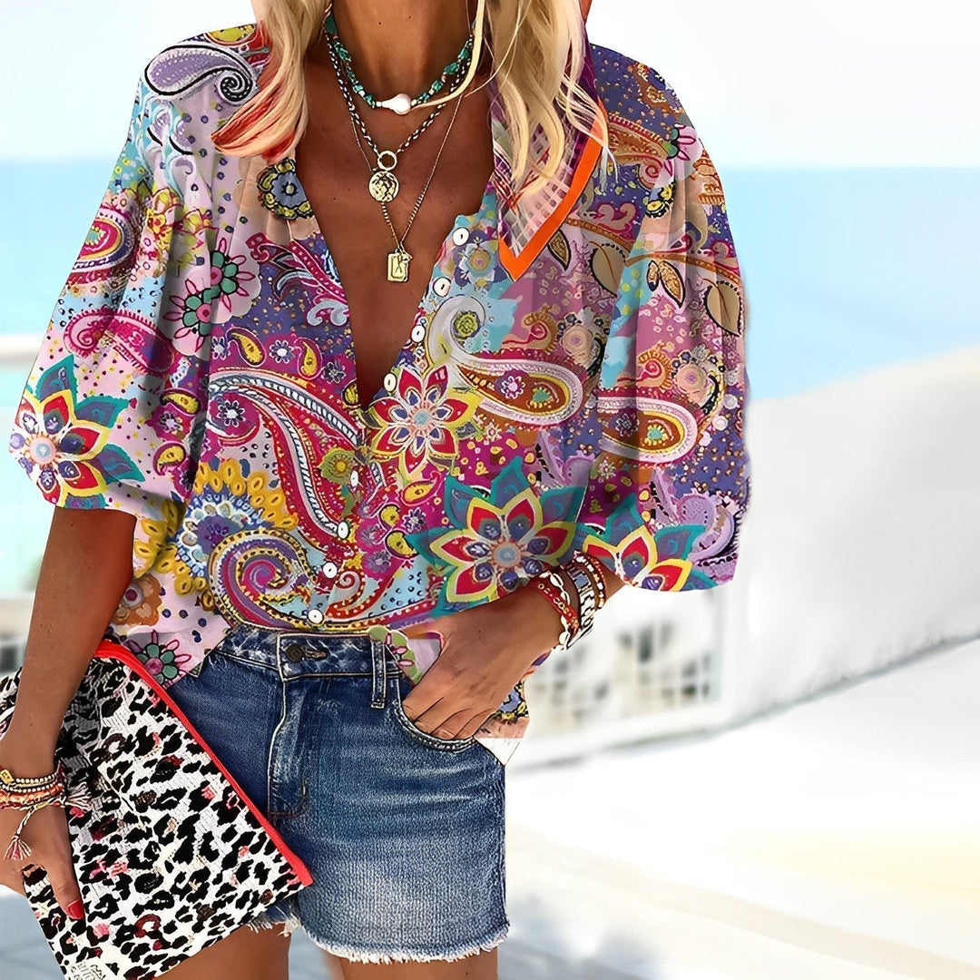 Ava | Women's Mandala Print Puff Sleeve Blouse with Ruffle Trim
